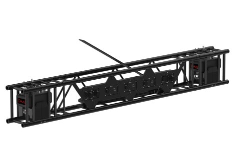 Rectangular truss 29x40 cm section with flat cable inside and electric chain hoists